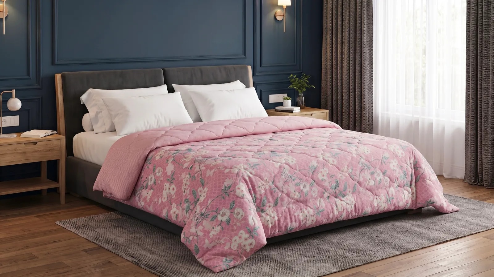 SleepEra Mauve Pink premium comforter styled on a double bed in a cozy bedroom